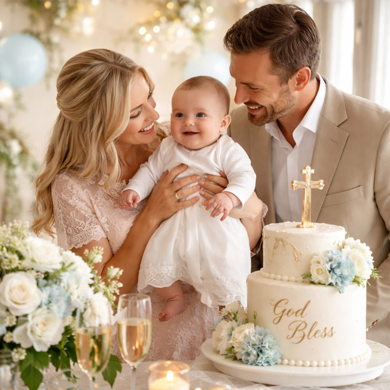 Eltern mit ihrem Baby beim Tauf-Fest